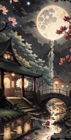 a painting of a japanese garden at night