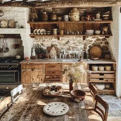 an old fashioned kitchen with wooden table and chairs