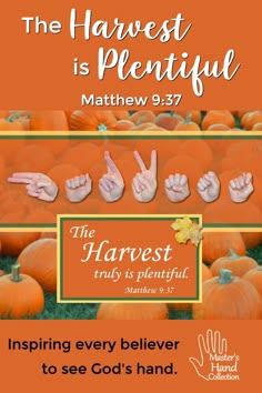 a poster with the words, the harvest is plentiful and two hands in front of pumpkins