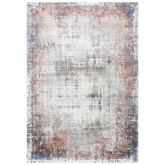 an abstract rug with orange, white and blue colors on the bottom half of it