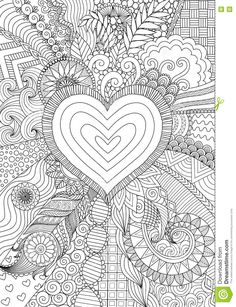 an abstract coloring page with hearts and flowers