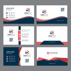 four different business cards with red, white and blue waves on the bottom one has a logo