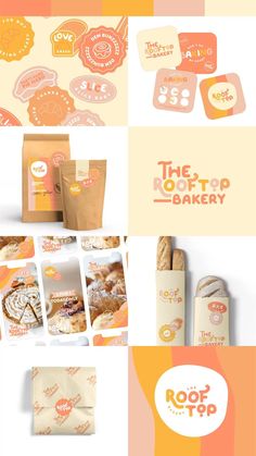 the logo and packaging design for an bakery is shown in orange, yellow and pink colors