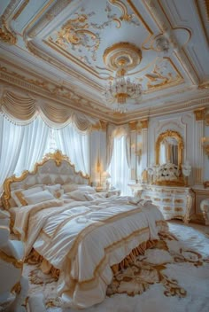 a fancy bedroom with white and gold decor