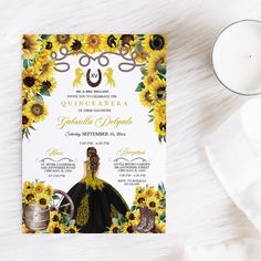 a sunflower themed quinceauera birthday party is featured on a table next to a glass of milk