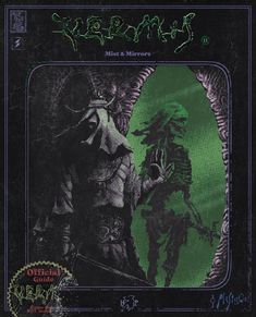 an old book cover with the title's image in green and black, on top of