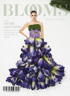 a woman in a purple dress on the cover of bloom's magazine with flowers