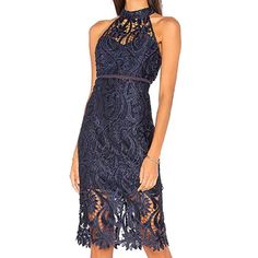 French Navy Color Chic Midi-length Lace Party Dress, Chic Midi Lace Dress For Party, Chic Lace Midi Dress For Party, Navy Fitted Midi Dress, Chic Navy Fitted Mini Dress, Navy Midi Length Evening Dress, Navy Knee-length Evening Dress, Navy Knee-length Cocktail Dress, Chic Fitted Navy Dress