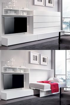 two pictures of a white entertainment center in a living room