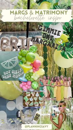 a collage of photos with green and yellow items in the background, including balloons