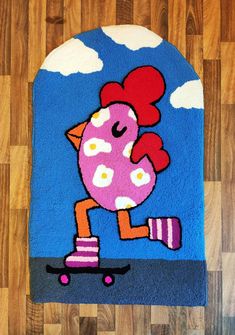 a rug with an image of a chicken riding a skateboard