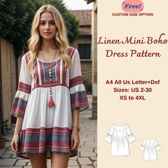 Women Boho Linen Dress Sewing Pattern, Cottagecore Dress, Celtic Dress, Medieval Boho Dress, Gathered Dress, Flare Sleeve Dress, XS-4XL Available as an instant download (pdf) sewing pattern bundle with a range of size options: US Sizes: 2, 4, 6, 8, 10, 12, 14, 16, 18, 20, 22, 24, 26, 28, 30 Standard Sizes: XS, S, M, L, XL, 2XL, 3XL, 4XL These patterns are suitable for A4, A0, and US Letter size papers. As soon as your payment is processed, you will automatically receive download links for the pa Boho Dress Sewing Pattern, Boho Sewing Patterns, Linen Dress Sewing, Boho Dress Pattern, Celtic Dress, Dress Medieval, Girls Skirts, Flare Sleeve Dress, Vintage Dress Patterns