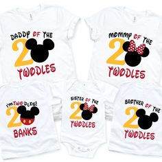 three baby onesuits with mickey mouse ears and the number two toddles on them