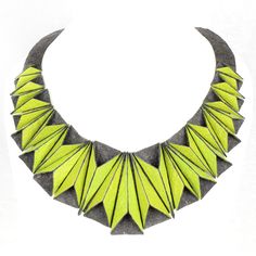 Mixed-Media Necklace - This beautiful, dimensional necklace lays like a collar, standing out for both its structure and shine. Inspired by origami, each piece manipulated by hand and attached to the necklace, not each other, so the necklace can be molded to the wearers neck. Made from hand painted faux leather made from recycled coconut husks, eco friendly, waterproof and an absolute conversation piece! Mixed Media Necklace, Artful Home, Love Necklace, Conversation Piece, Origami, Mixed Media, Original Art, Coconut, Faux Leather