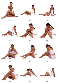 a woman sitting on the ground with her legs crossed and showing different positions to pose