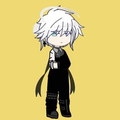 an anime character with white hair and black pants, standing in front of a yellow background