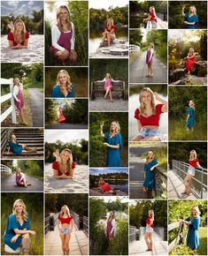 a collage of photos with women in different outfits posing for pictures on a bridge