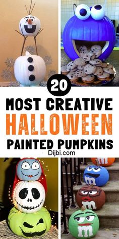 some pumpkins that have been painted to look like characters