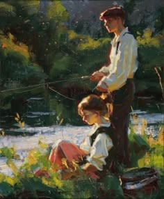 a painting of two people fishing in the water