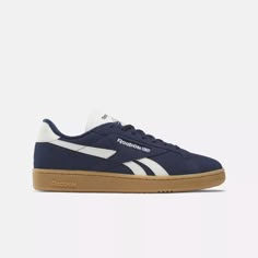 Club C Grounds UK Shoes - Vector Navy / Chalk / Reebok Rubber Gum-04 | Reebok Throwback Aesthetic, Shoes Vector, Reebok Classic Sneakers, Navy Sneakers, Reebok Classics, Reebok Club C, Cross Training Shoes, Reebok Shoes, Black Trainers