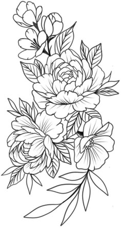 black and white drawing of flowers with leaves on the bottom half of each flower,