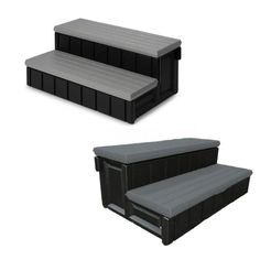 two black and gray benches sitting next to each other on top of a white surface