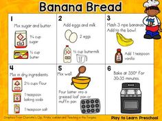 a printable banana bread recipe for kids to learn how to bake and cook