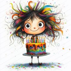 a drawing of a girl holding a birthday cake with candles on it and her hair blowing in the wind