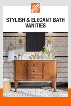 a bathroom vanity with an orange and white checkered floor