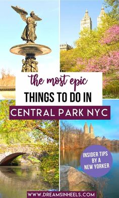 the top things to do in central park, new york with text overlaying it