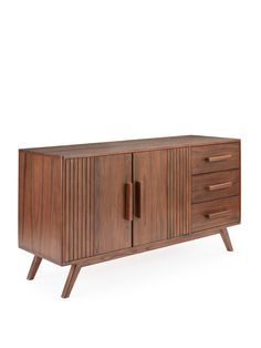 the sideboard is made from wood and has three drawers, one with two doors