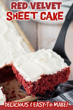 a red velvet sheet cake with white frosting