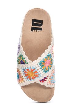 Handcrafted granny squares add an artisanal touch to a slide sandal that grounds you on a contoured footbed. Textile upper/synthetic lining and sole Imported Crochet Sandals Women, Spring Textile Slip-on Sandals, Natural Handwoven Slip-on Sandals, Embroidered Slip-on Sandals For Vacation, Multicolor Slip-on Beach Slides, Multicolor Textured Slip-on Sandals, Cream Sandals, Fringed Belt, Lipstick Bag