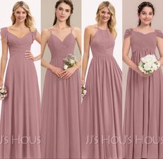 four bridesmaid dresses in different styles and colors, including one for the shoulder