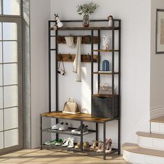 a shelf with shoes and purses on it in a room next to some stairs