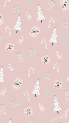 a pink wallpaper with christmas trees and presents on it's side, in pastel colors