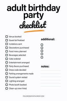 an adult birthday party checklist is shown