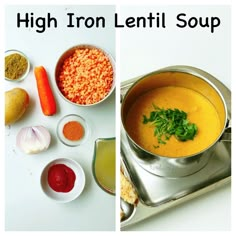 two pictures show different types of soup in bowls and on the same side, there are ingredients