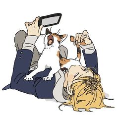 a person laying on the ground holding a cell phone up to their head with a dog sitting next to them