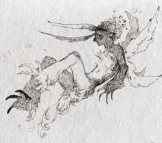 an ink drawing of a woman with horns and wings on her head, sitting in the air