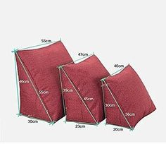 three red cushions with measurements for each cushion and the size is shown in different sizes