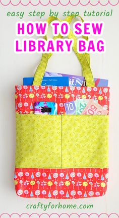 Library tote bag from red and green fabric. Library Bag Diy, Library Book Bags For Kids, Library Bags For Kids, Book Bag Sewing Pattern, Book Bags For Kids, Book Caddy, Pocket Tutorial, Library Book Bag, Library Tote Bag