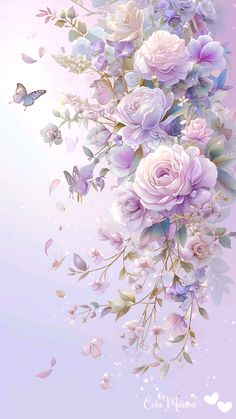 a bouquet of flowers and butterflies on a purple background