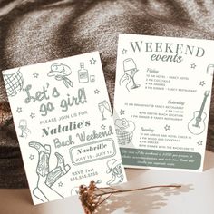 two cards are sitting on top of a bed next to each other, with the words weekend events written in black and white