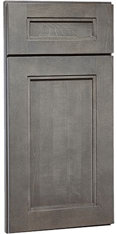 a gray cabinet with two doors and one drawer on the bottom, in front of a white background