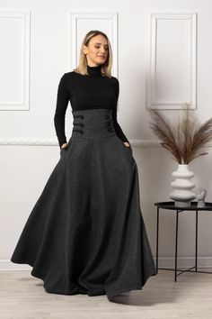 High Waist Edwardian Walking Skirt Wool Maxi Gored Skirt With - Etsy Plus Size Formal Skirts, Wool Skirts Outfit Winter, Maxi Skirt Suits For Women, A Line Skirt Plus Size Outfit, Walking Skirt Edwardian, Dark Gray Skirt Outfit, Dark Feminine Plus Size, Pants That Look Like Skirts, Plus Size Dark Academia Fashion