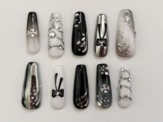 Custom made Gel X press on nails "Silver Lining". Trendy black, white & silver chrome nails with 3D details and charms. Made to order, multiple nail shapes available, colours can be changed with no price increase. Can request charm change. White And Chrome Nails, Black White Silver Nails, White Silver Nails, Silver Chrome Nails, White And Silver Nails, Custom Press On Nails, Nails Silver, Nail Prices, Price Increase