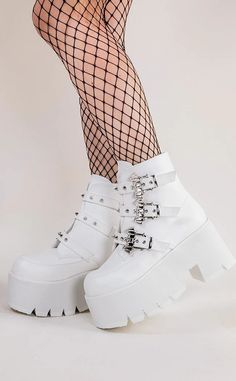 Demonia ASHES-55 White Buckled Platform Boots | Gothic Shoes Australia Alt Boots, Cute Platform Shoes, Demonia Platforms, White Platform Boots, Ashes To Ashes, Demonia Boots, Goth Shoes, Demonia Shoes, Gothic Shoes