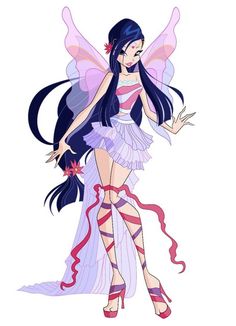 a fairy with long black hair and pink dress is standing in front of a white background