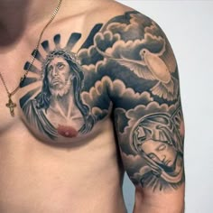 Christianity Tattoos, Religious Tattoos For Men, Mary Tattoos, Cool Shoulder Tattoos, Christ Tattoo, Mens Shoulder Tattoo, Tattoo Inspiration Men, Religious Tattoo, Cool Chest Tattoos